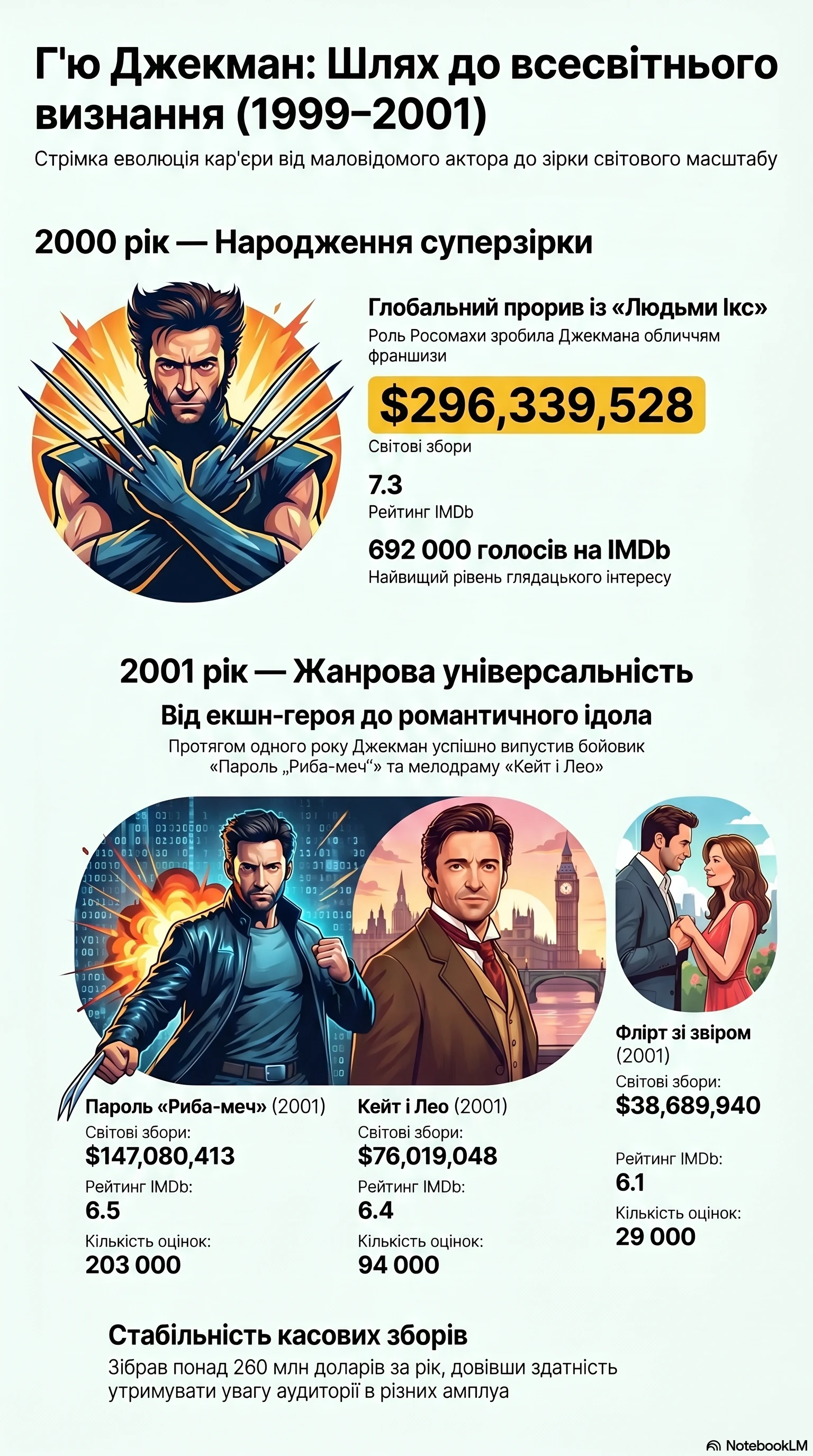 Г'ю Джекман (2000) - інфографіка кар'єри