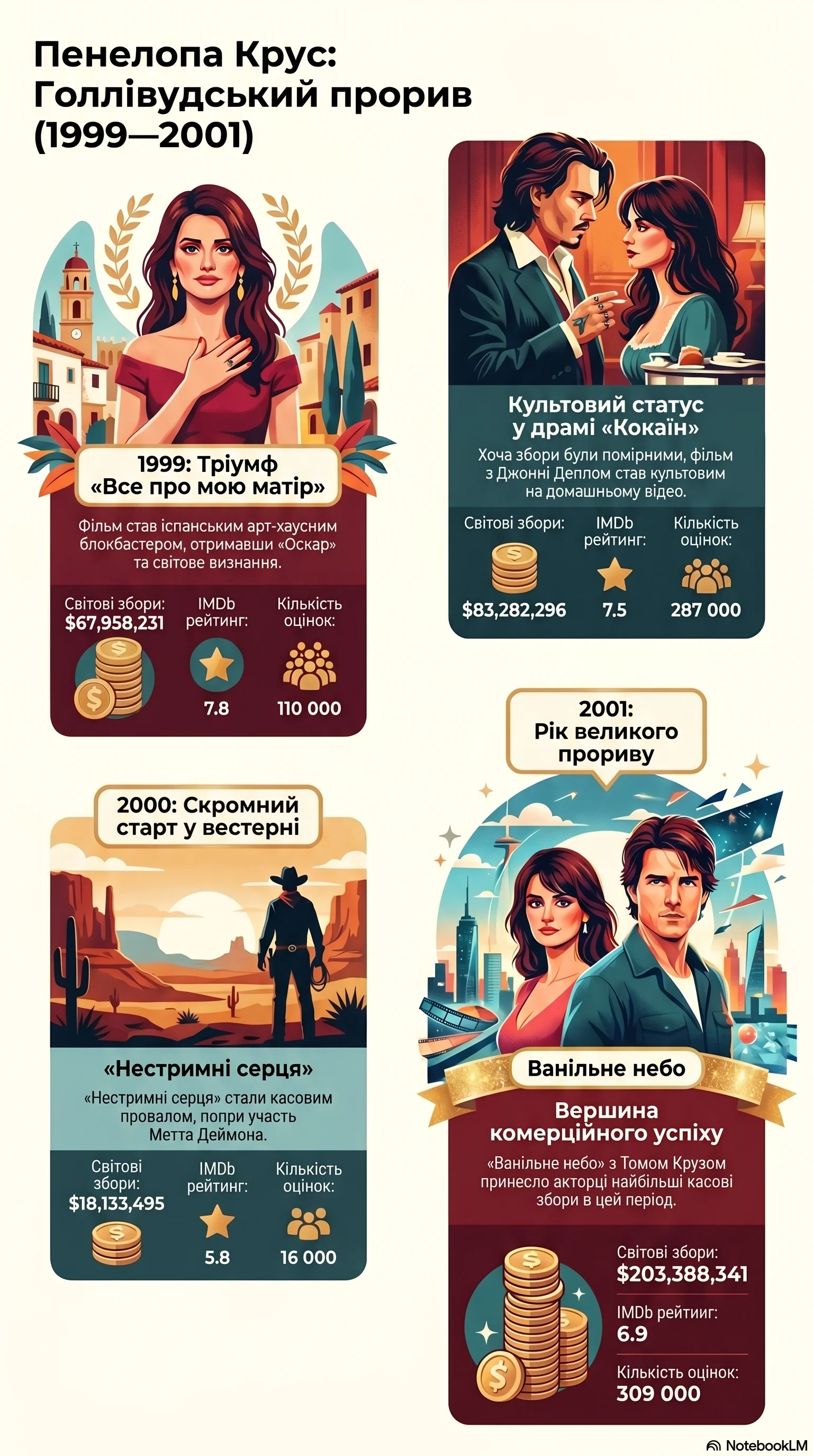 Пенелопа Крус (2000) - інфографіка кар'єри